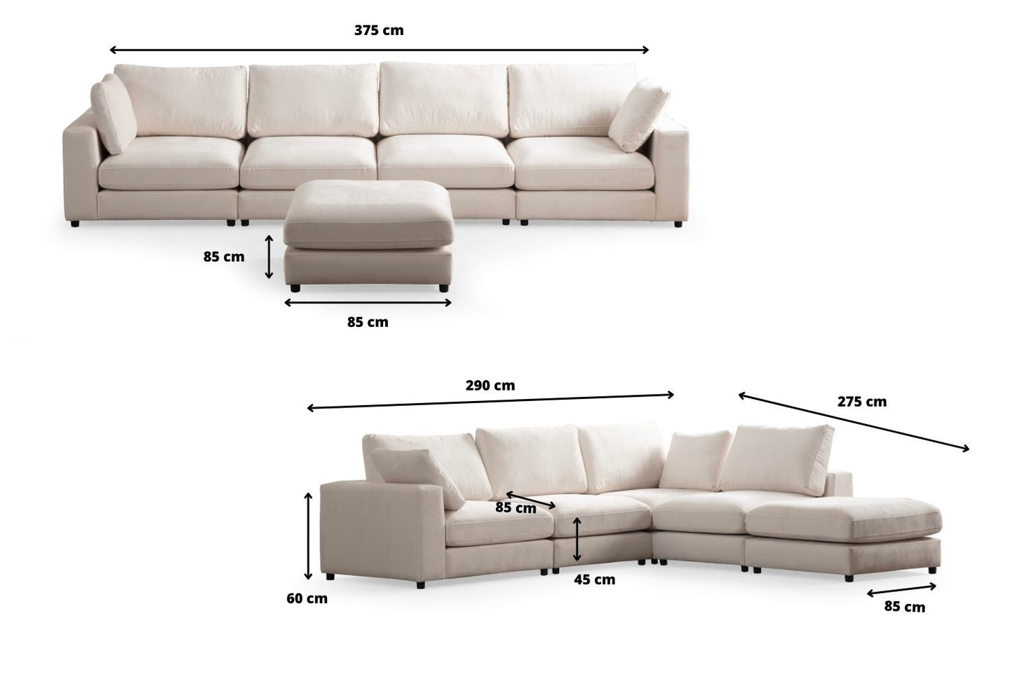 Canapé Julia Modulable Chenille Blanc cassé 4+1 Pouf