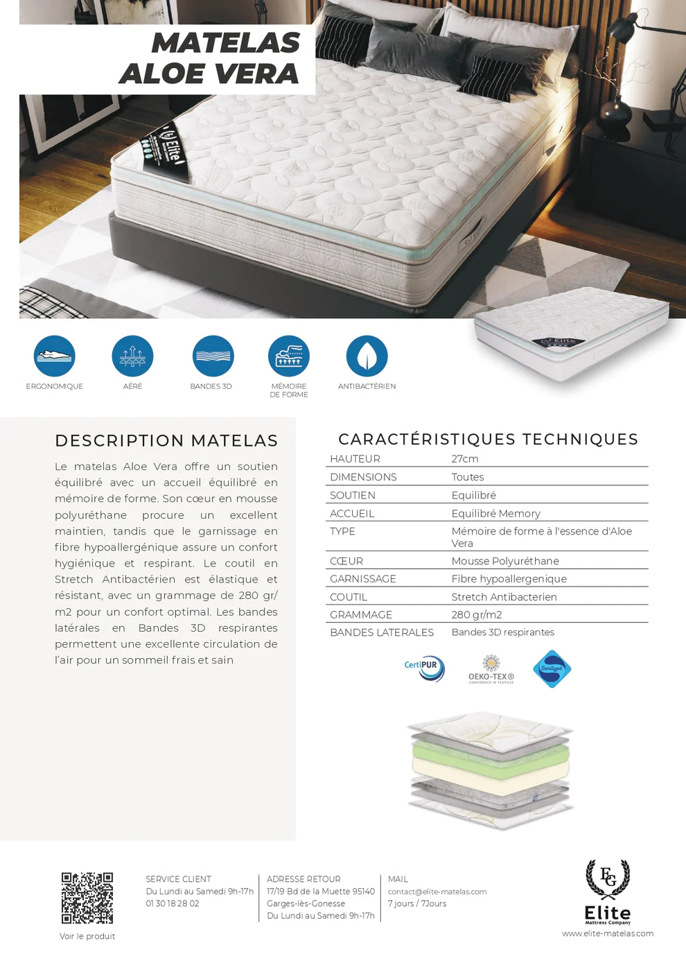 Matelas Elite 27cm d'Epaisseur Mémoire de Forme Aloe Vera