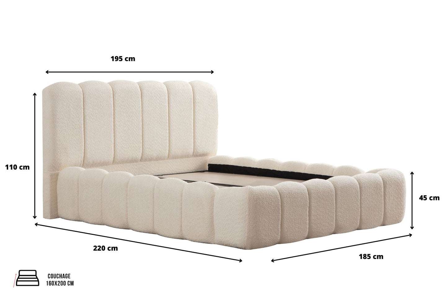 LIT COFFRE ALYA EN TISSUS CHENILLE BLANC