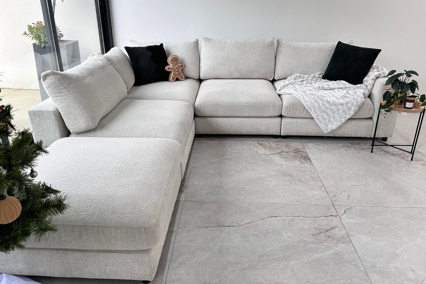 Canapé Julia Modulable Chenille Blanc cassé 4+1 Pouf