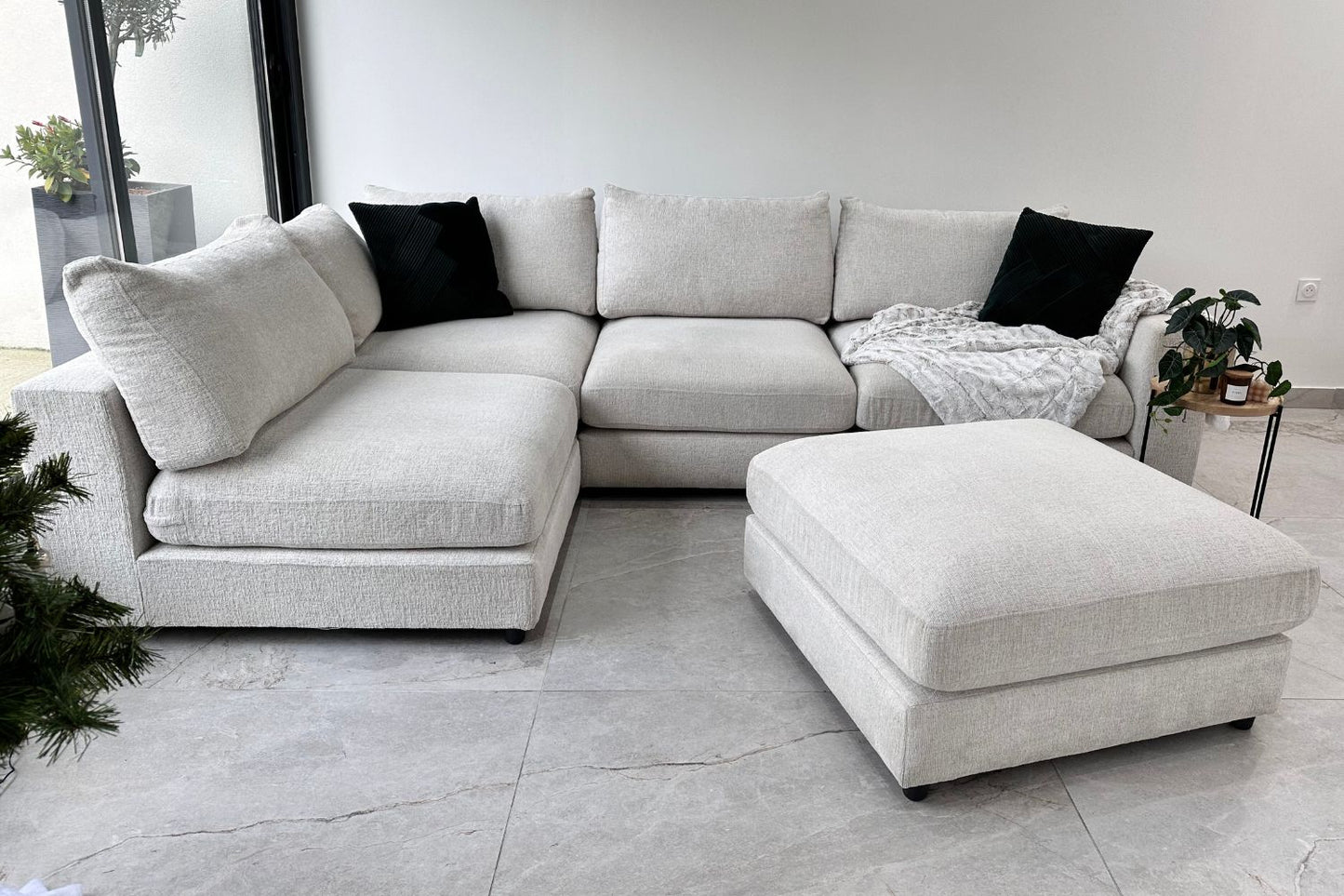 Canapé Julia Modulable Chenille Blanc cassé 4+1 Pouf