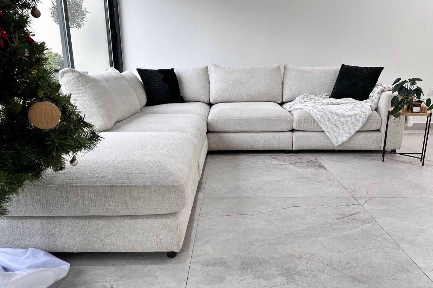 Canapé Julia Modulable Chenille Blanc cassé 4+1 Pouf
