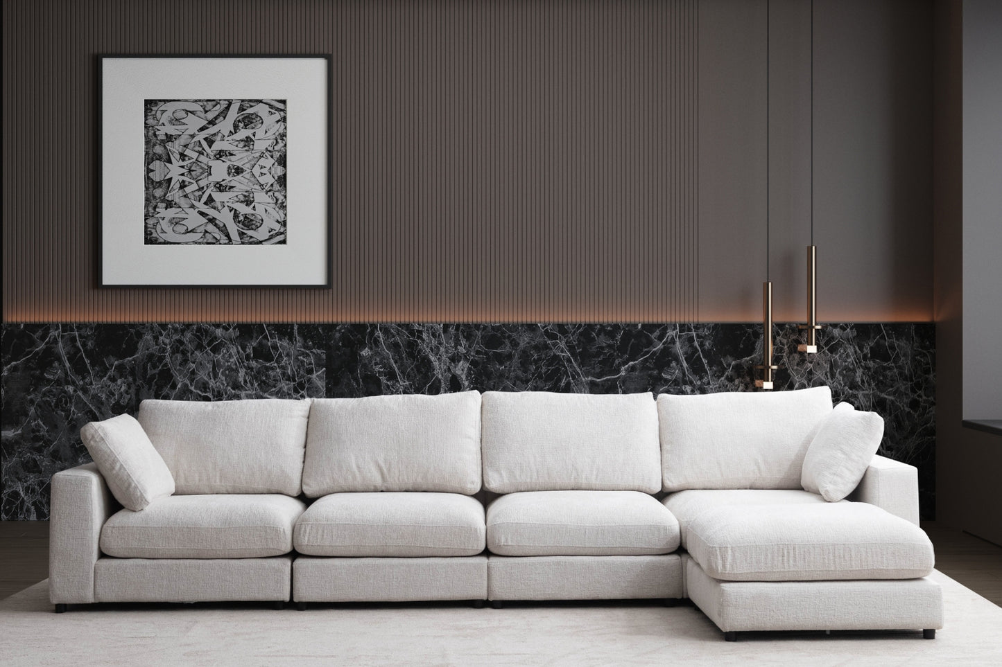 Canapé Julia Modulable Chenille Blanc cassé 4+1 Pouf