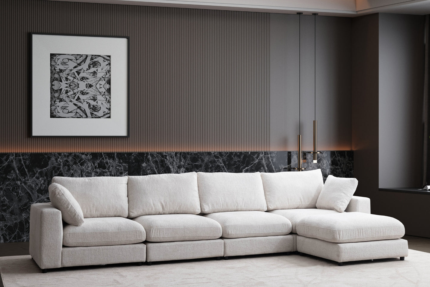 Canapé Julia Modulable Chenille Blanc cassé 4+1 Pouf