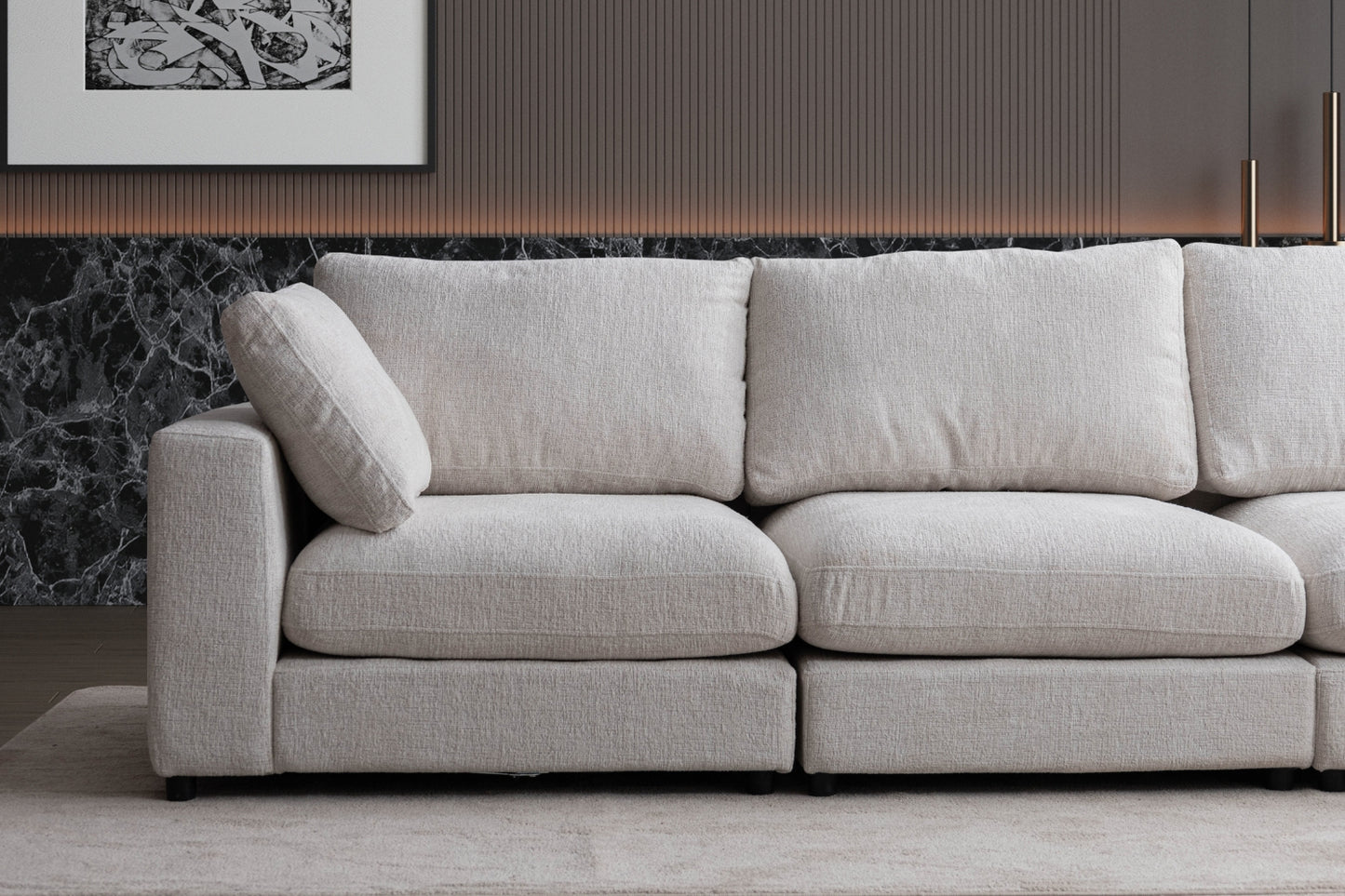 Canapé Julia Modulable Chenille Blanc cassé 4+1 Pouf