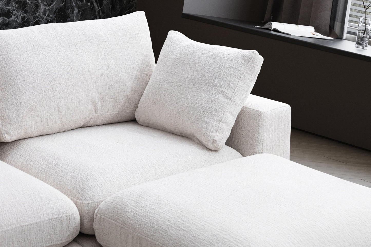 Canapé Julia Modulable Chenille Blanc cassé 4+1 Pouf