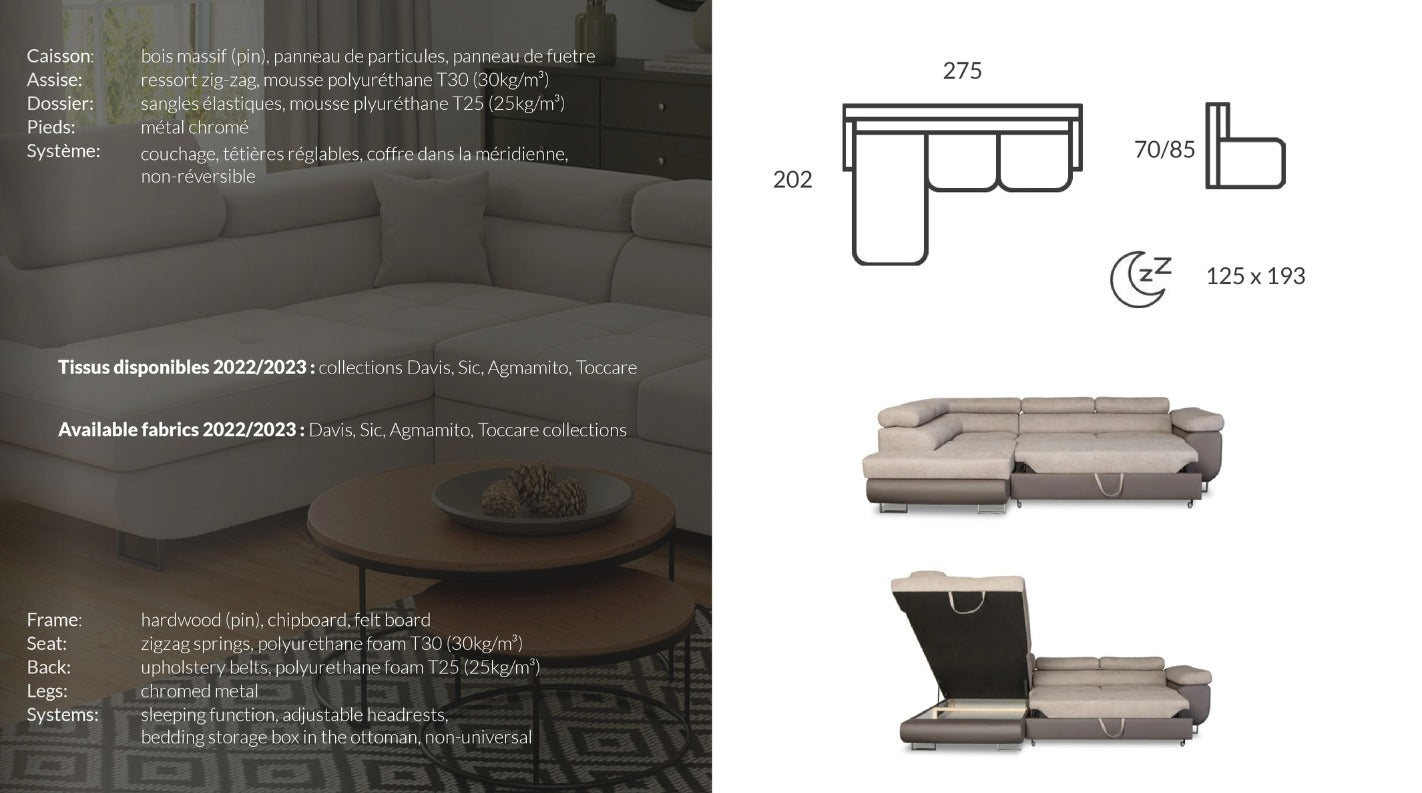 Canapé D'angle convertible Tony en velours Beige
