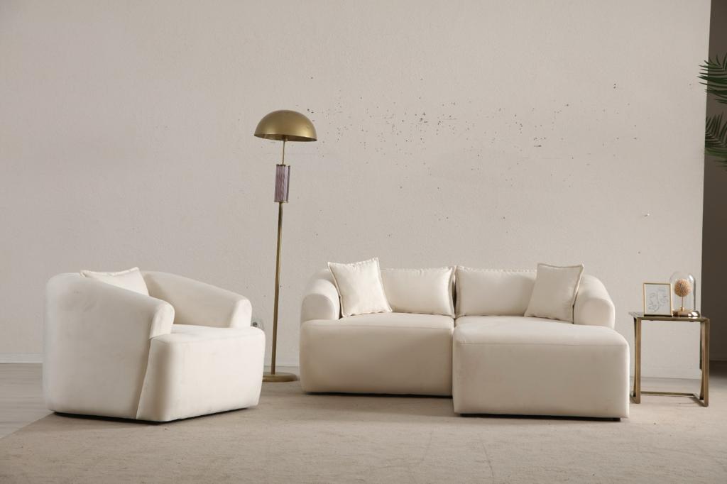Canapé Mila Modulable Velours Blanc 3+1 Pouf