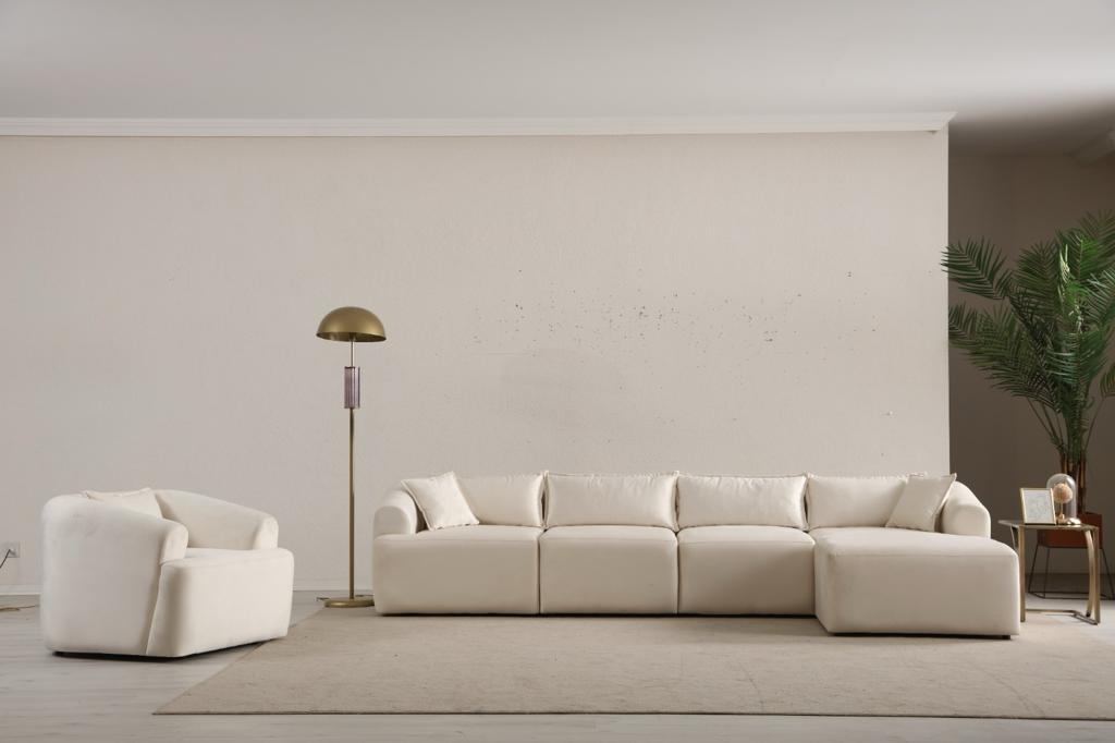 Canapé Mila Modulable Velours Blanc 3+1 Pouf