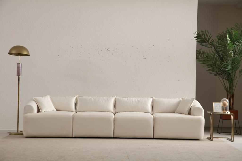Canapé Mila Modulable Velours Blanc 3+1 Pouf