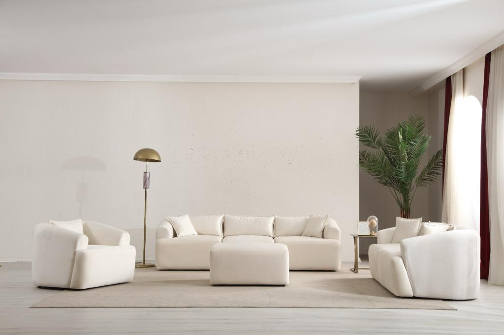 Canapé Mila Modulable Velours Blanc 3+1 Pouf