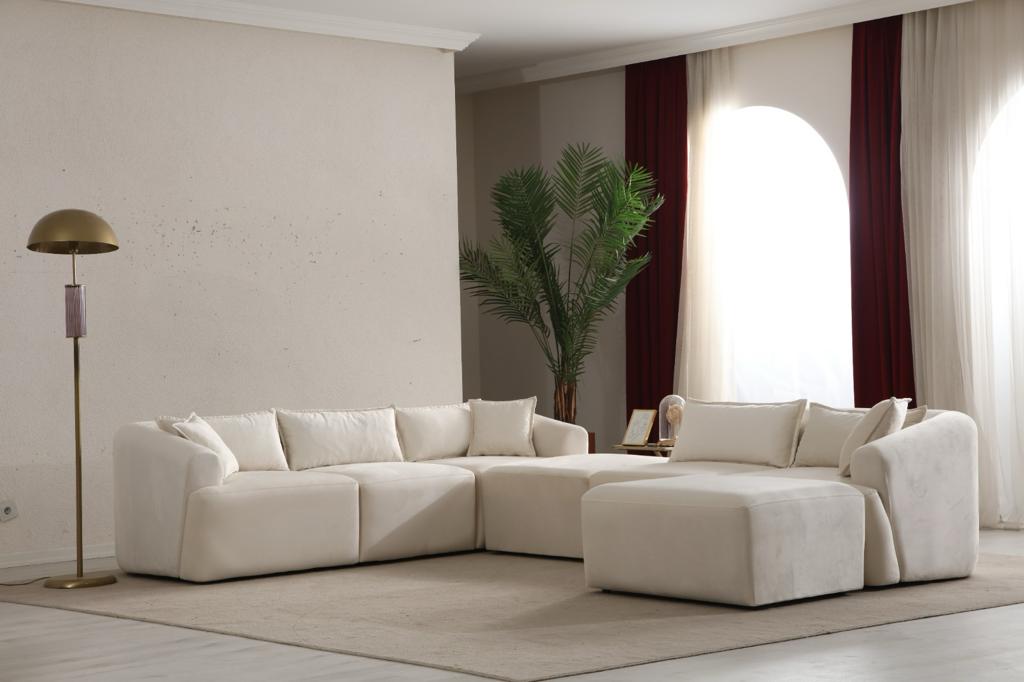 Canapé Mila Modulable Velours Blanc 3+1 Pouf