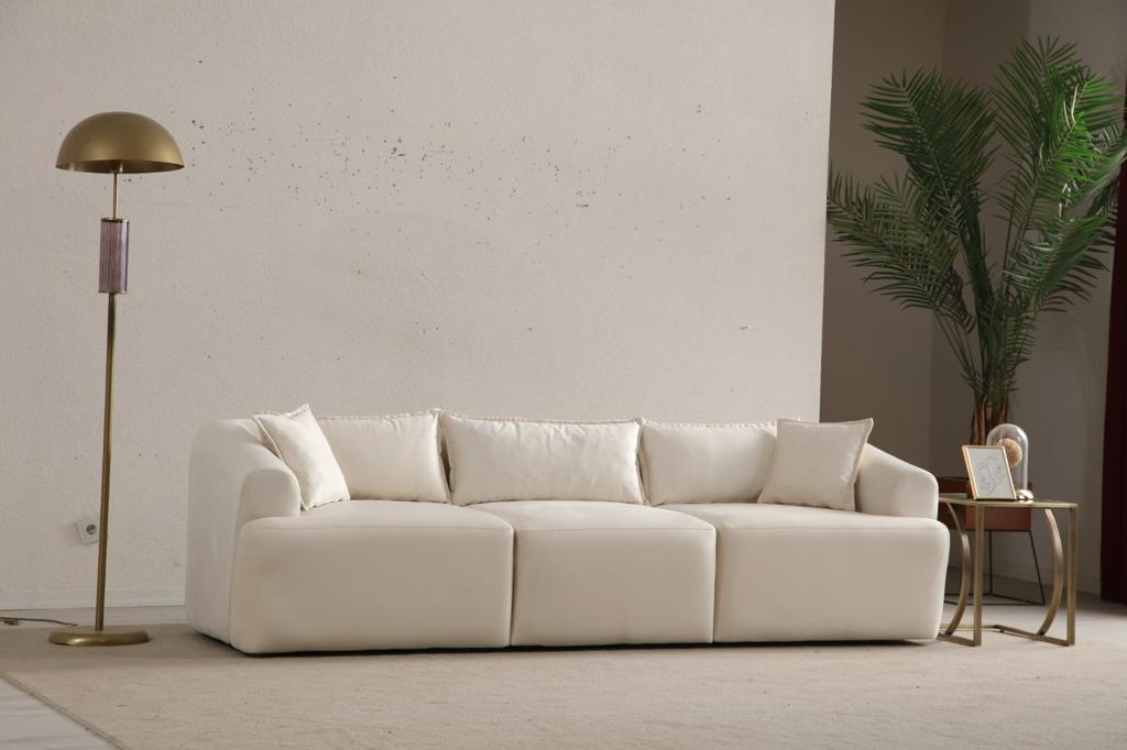 Canapé Mila Modulable Velours Blanc 3+1 Pouf