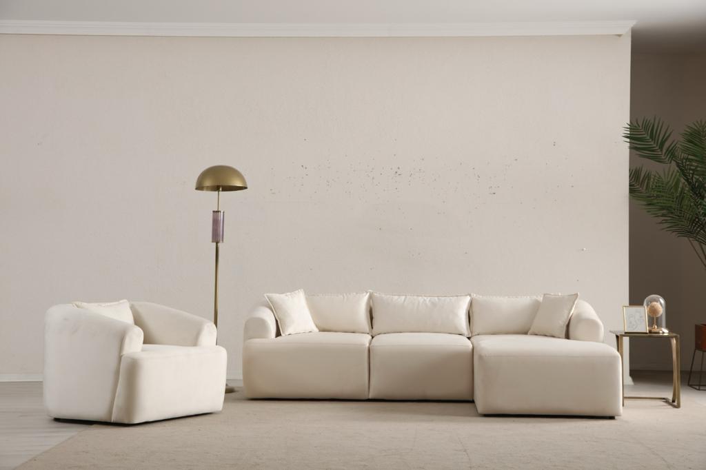 Canapé Mila Modulable Velours Blanc 3+1 Pouf