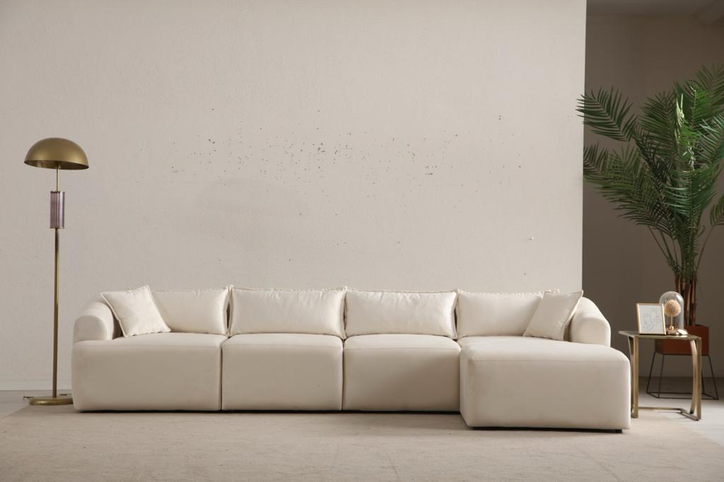 Canapé Mila Modulable Velours Blanc 3+1 Pouf