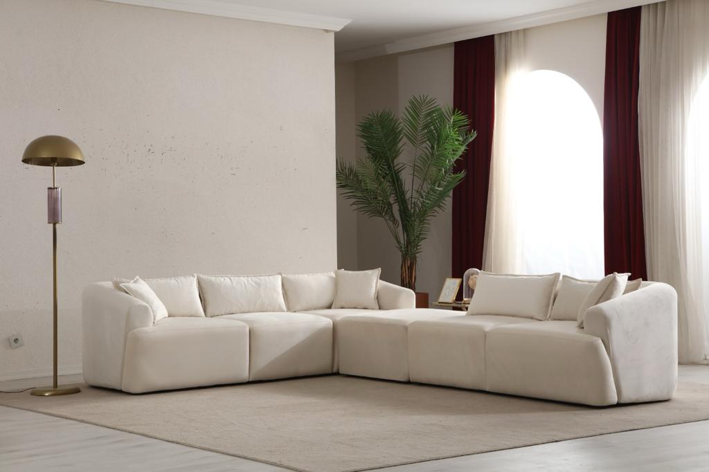 Canapé Mila Modulable Velours Blanc 3+1 Pouf