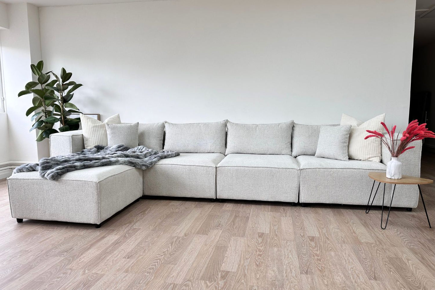 Canapé Elégance Chenille Modulable Blanc cassé 4+1 Pouf