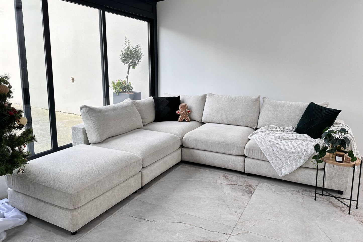 Canapé Julia Modulable Chenille Blanc cassé 4+1 Pouf
