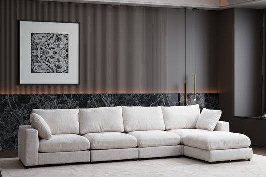 Canapé Julia Modulable Chenille Blanc cassé 4+1 Pouf