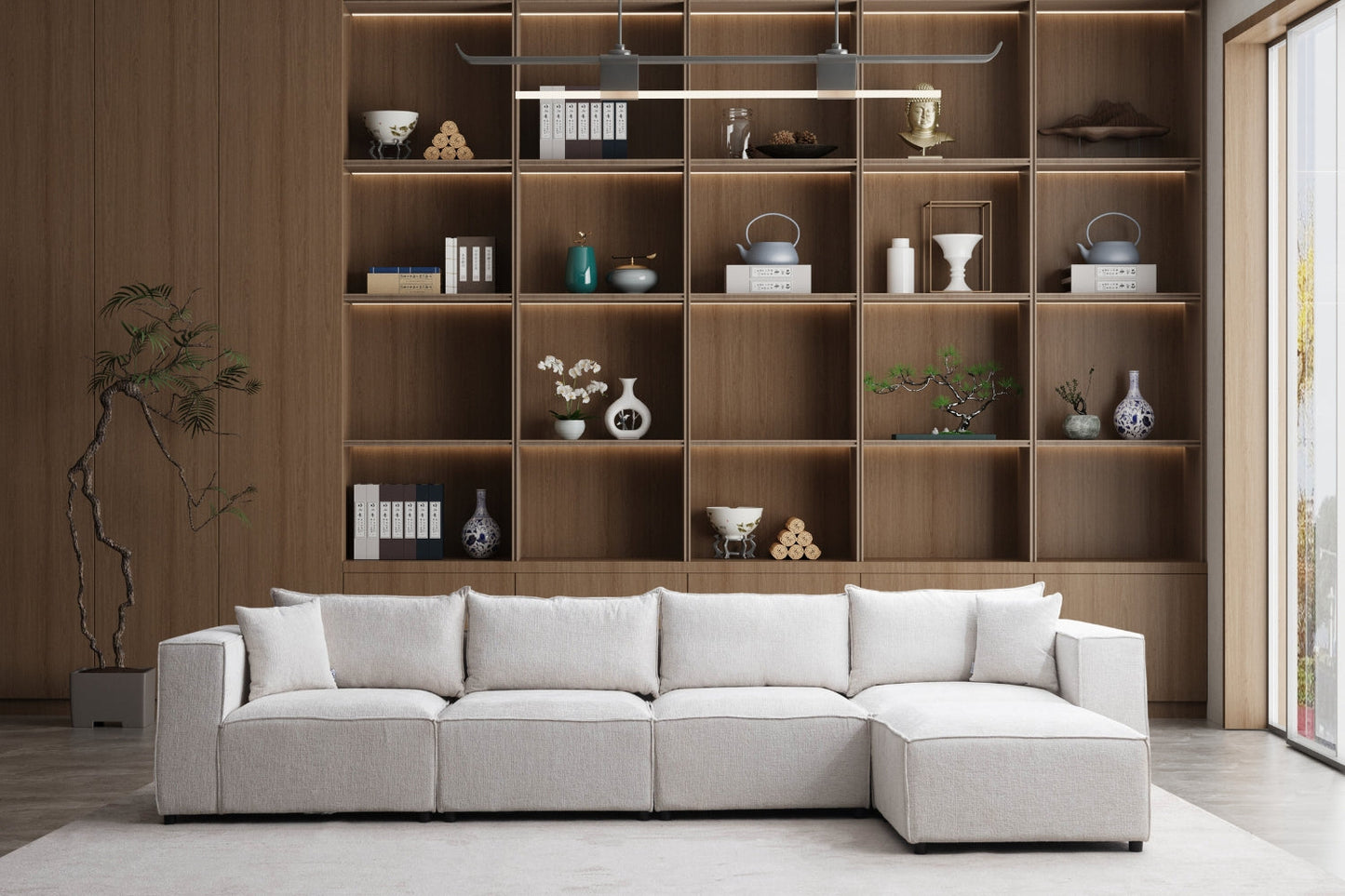 Canapé Elégance Chenille Modulable Blanc cassé 4+1 Pouf