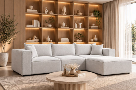 Canapé Elégance Chenille Modulable Blanc cassé 3+1 Pouf