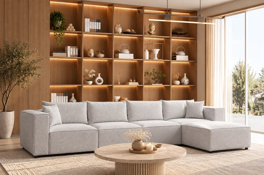 Canapé Elégance Chenille Modulable Blanc cassé 4+1 Pouf