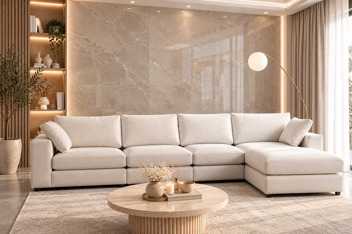 Canapé Julia Modulable Velours Blanc 4+1 Pouf