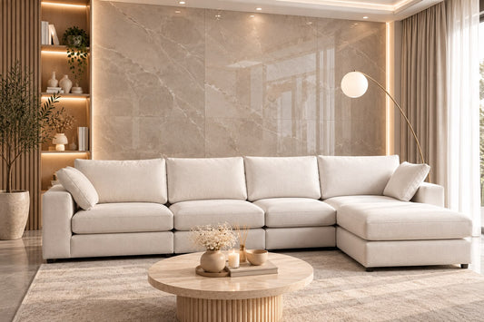 Canapé Julia Modulable Velours Blanc 4+1 Pouf