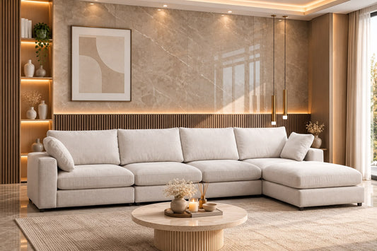 Canapé Julia Modulable Chenille Blanc cassé 4+1 Pouf